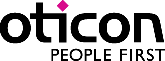 A pink diamond shape positioned above the word "Oticon" in bold black lettering.